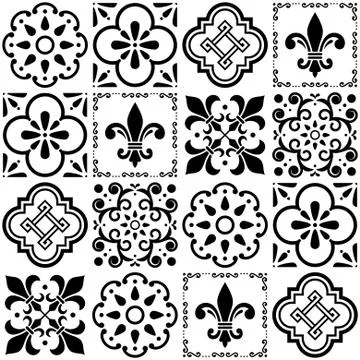 Portuguese vector tiles pattern, Lisbon seamless black and white tile design Ilustración de archivo