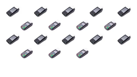Pos terminal on light background. Banking equipment. Stock Footage 148645806