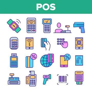 POS Terminal, Mobile Payment Vector Linear Icons Set Stock Illustration