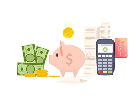 POS terminal payment machine with paper bill check and piggy bank approve tra Stock Illustration