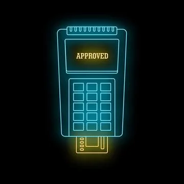 Pos terminal processing approved credit card payment in neon Stock Illustration