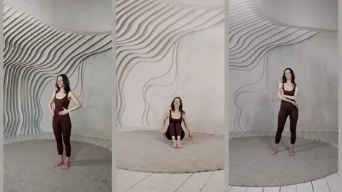 Pose from the posing training course, a woman stands with her hands at her neck  Vídeo Stock 314647848