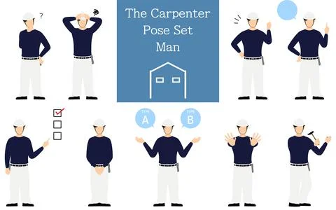 Pose set for man carpenter, questioning, worrying, encouraging, pointing, etc. Stock Illustration