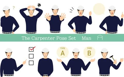 Pose set for man carpenter, questioning, worrying, encouraging, pointing, etc Stock Illustration