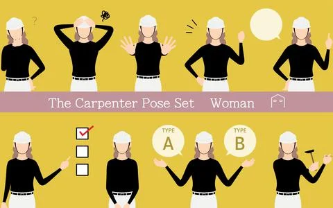 Pose set for woman carpenter, questioning, worrying, encouraging, pointing, etc. Stock Illustration