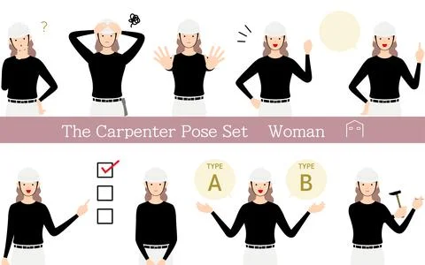 Pose set for woman carpenter, questioning, worrying, encouraging, pointing, e Stock Illustration
