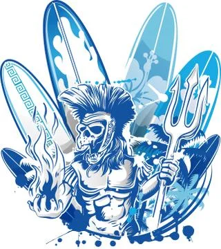 Poseidon death surfer on surfboard background Stockillustratie