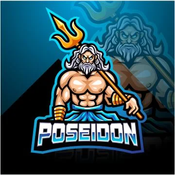 Poseidon esport mascot logo design with trident weapon Stock Illustration