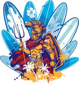 Poseidon over surfboard elements Stockillustratie