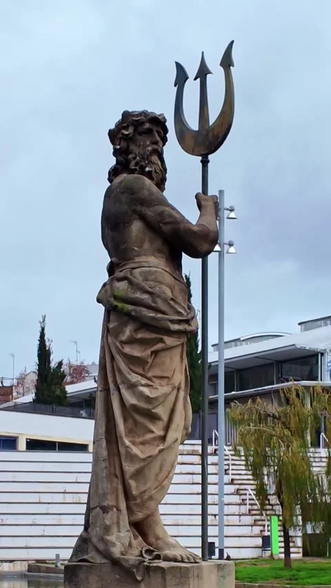Poseidon statue holding trident in Barcelona, Spain. vertical format, copy space Stock Footage 337795333