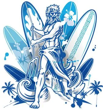 Poseidon surfer on surfboard background Ilustración de archivo