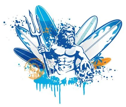 Poseidon surfer on surfboard background Stockillustratie