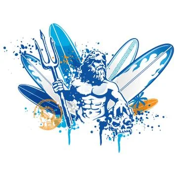 Poseidon surfer on surfboard background Stockillustratie