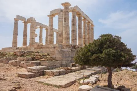 The Poseidon Temple with an olive tree Stock Photos
