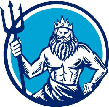 Poseidon Trident Circle Woodcut Stock Illustration