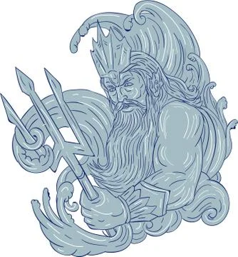 Poseidon Trident Waves Drawing Stock Illustration