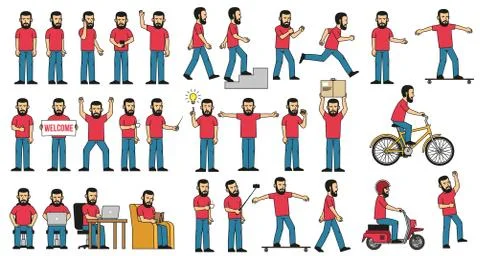 Poses for a man with a beard in a red T-shirt Stock-Illustration