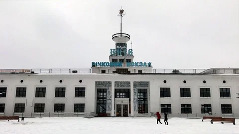 Poshtova Ploshcha square with Kiev River Port building Video stock 71345103