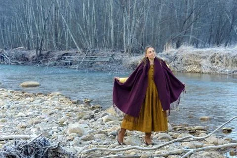 Posing on the background of the river Stock Photos