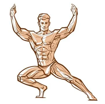Posing bodybuilder, isolated vector silhouette, ink drawing Stock Illustration