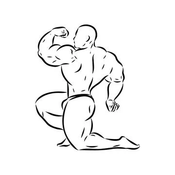 Posing bodybuilder, isolated vector silhouette, ink drawing Stock Illustration