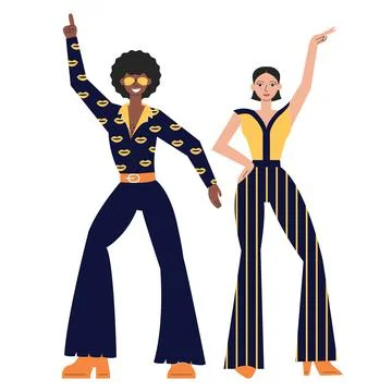 Posing disco dancers isolated on white background. Hetero couple in party Stock Illustration