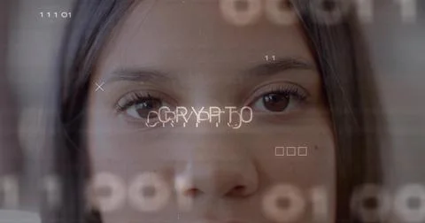 Posing female subject facing camera in interior room, with 'CRYPTO' overlay and Stock Photos