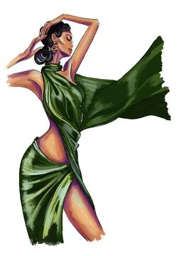 Posing glamour model in a green silk dress Stock Illustration