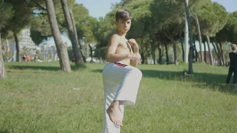 Posing kid pre teen doing martial arts jiu jitsu outdoor in a park 스톡 동영상 142862020