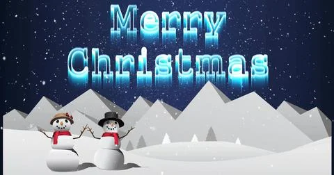 Posing pair snowmen wearing brown, black hats and red scarves at night, showing Stock Illustration