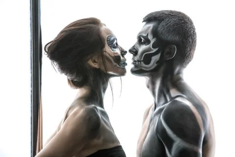 Posing of pole dance couple in studio 스톡 사진