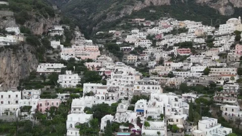 Positano, Amalfi Coast - Drone Pulling Back from Cliffside Villas Stock Footage 341380591