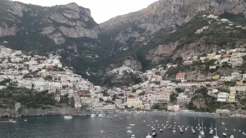 Positano - Drone Shot Flying Toward Town and Mountains Stock Footage 341380747