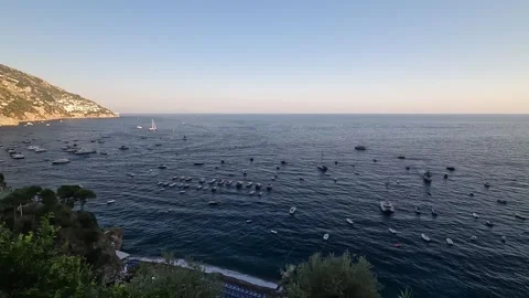 Positano - Evening View of Coastline and Anchored Boats from Apartment Stock Footage 342113484