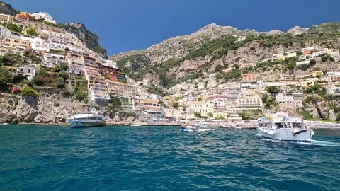 Positano - Scenic View of Cliffside Town and Coastal Harbor from Sea Stock Footage 342115901