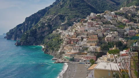Positano Spiaggia beach. Large beach with town views, restaurants. Amalfi coast Stock Footage 306365738