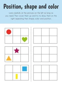 Position, shape and color Educational Sheet. Primary module for Memory. 5-6 y Illustrazione stock