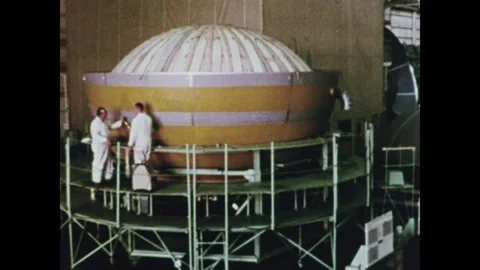 Positioning and fitting of the liquid hydrogen tank for the Saturn third stage Stock Footage 297182957
