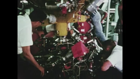 Positioning and installation of the J2 engine for the Saturn third stage Video stock 297182860