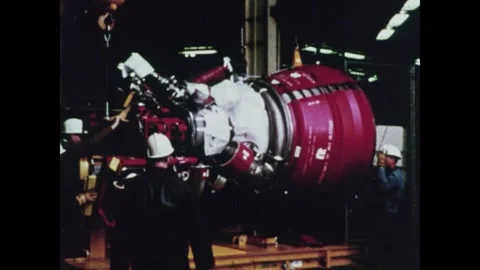 Positioning and installation of the J2 engine for the Saturn third stage Stock Footage 297182920