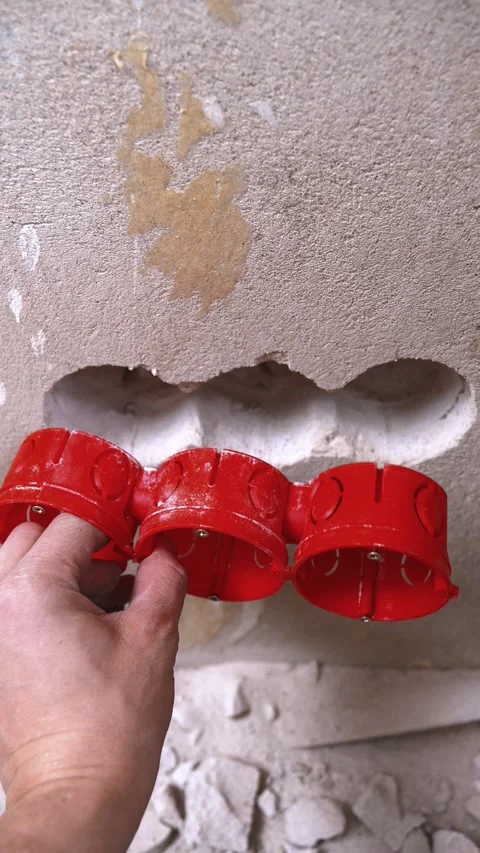 Positioning Red Electrical Boxes Within Wall Cavities For Wiring Stock Footage 329106984