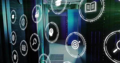 Positioning server racks displaying network switches in data center aisle, Stock Photos