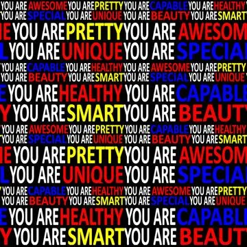 Positive Adjectives Typographic Seamless Pattern Design Conversational sty... Foto stock