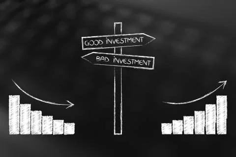 Positive and negative stats next to Good and Bad Investment road sign Illustration