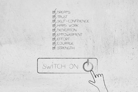 Positive attitude chacklist next to Switch On button with hand clicking Stock Illustration