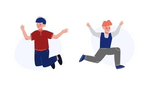 Positive Boy Jumping with Joy and Excitement Rejoicing Vector Set Stock Illustration