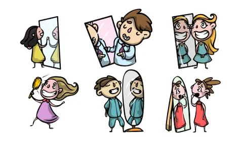 Positive children looking at mirrors at reflections vector illustration Illustrazione stock