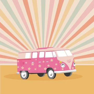 Positive composition of the 70s with a retro bus and bright rays. Positive .. Stock Illustration