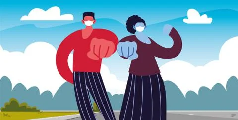 Positive couple using face masks Stock Illustration