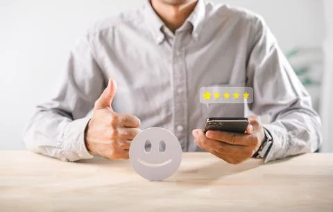 Positive customer feedback evaluation showing client satisfaction, 5 star r.. Stock Photos